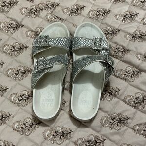 Embellished Double-Buckle Silver Sandals